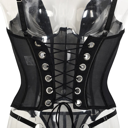 Conjunto de corsé con cordones y espalda descubierta, lencería elegante, ropa interior sin costuras, Kit de sujetador de 3 piezas, conjuntos exóticos de realce, íntimo fino negro 