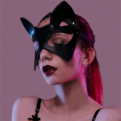 Women Cosplay Mask  Leather Harness Mask Cosplay Fun Cat Mask Black Halloween   Games  Mask