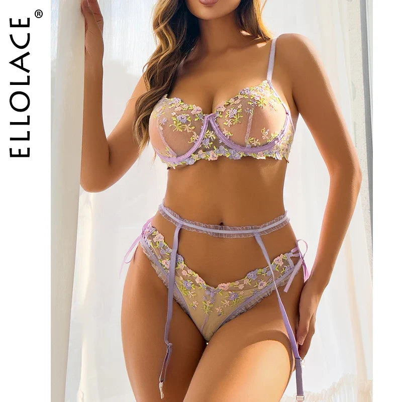 Ellolace Fancy Lingerie Floral Trnasparent Bra Fantasy Underwear Sissy Exotic Sets Delicate Beautiful Matching Garter Belt Set