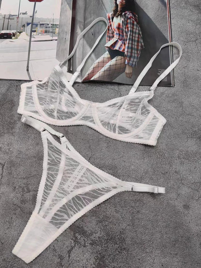 Ellolace Zebra Lingerie French Underwear Translucent Sexy Intimate Brief Set Seamless Matching Outfits Romantic Fancy Bra Thongs