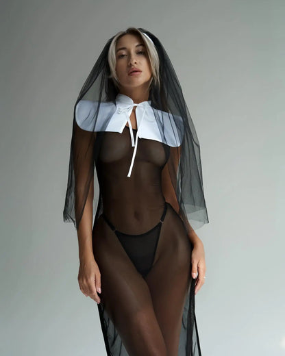 Sister Cosplay Sheer Lace Dress Nun Fantasy s Desire Hot Girl  Tulle  Lingerie See Through  Suit