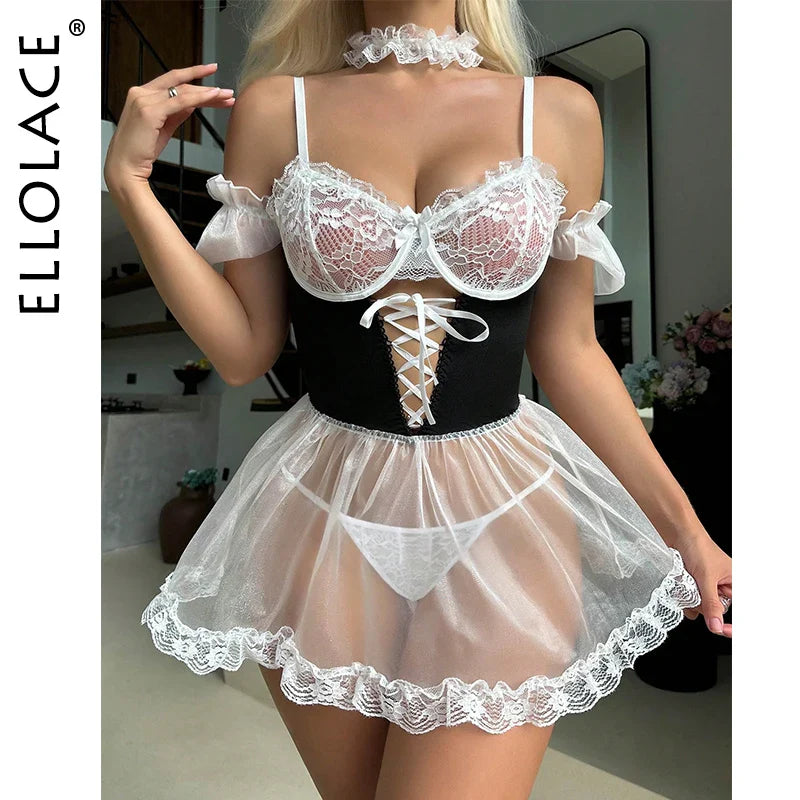 Ellolace Sexy Cosaplay Housemaid Dress Transparent Erotic Lingerie Costume Night Outfit Sissy Fantasy Nightwear Hot Porn Body