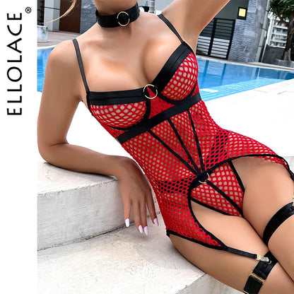 Ellolace Erotic Lingerie Transparent Mesh Sensual Underwear 4-Piece Fine Sexy Porn Thong Outfit Seamless Fancy Exotic Sets