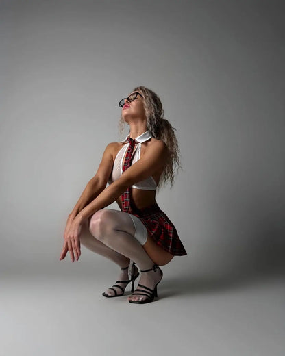 Ellolace Teacher Cosplay Lingerie Sheer Halter Bra Plaid Skirt See Through Intimate Goods Sissy Erotic Crotchless Briefs Outfits