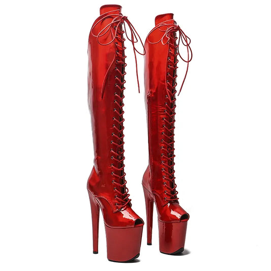 20CM/8inches Shiny PU Pole dancing shoes High Heel platform Boots Small Open  toe Pole Dance boots