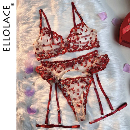 Ellolace Heart Sensual Lingerie Sheer Lace Embroidery Fancy Underwear 4-Piece Ruffle Sissy Intim Goods Delicate Sexy Outfits
