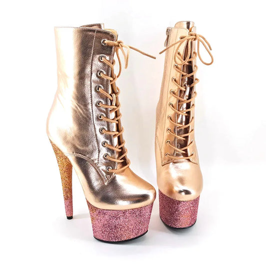 Newest 17CM Shinny gold material Women's platform Pole dancing Ankle shoes Glitter platform Boots  Pole Dancing boot