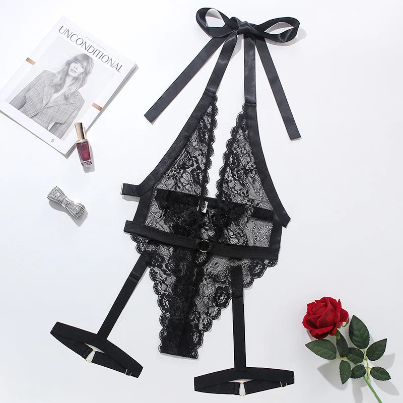 Fantasty Body con escote en V profundo, Body de encaje transparente con cuello Halter y espalda descubierta, Tops transparentes personalizados 
