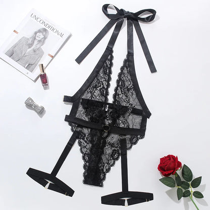 Fantasty Body con escote en V profundo, Body de encaje transparente con cuello Halter y espalda descubierta, Tops transparentes personalizados 