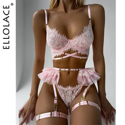 Ellolace Delicate Lingerie Ruffled Garter Belt Delicate Underwear See Through Lace Luxury Intimate Kiss Sex Fancy Outfit