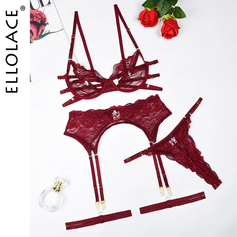 Ellolace Erotic Lingerie Cut Out Bra Garter Fancy Onlyfans Underwear See Through Lace Bilizna Sexy Kinky Outfit Hot Intimate