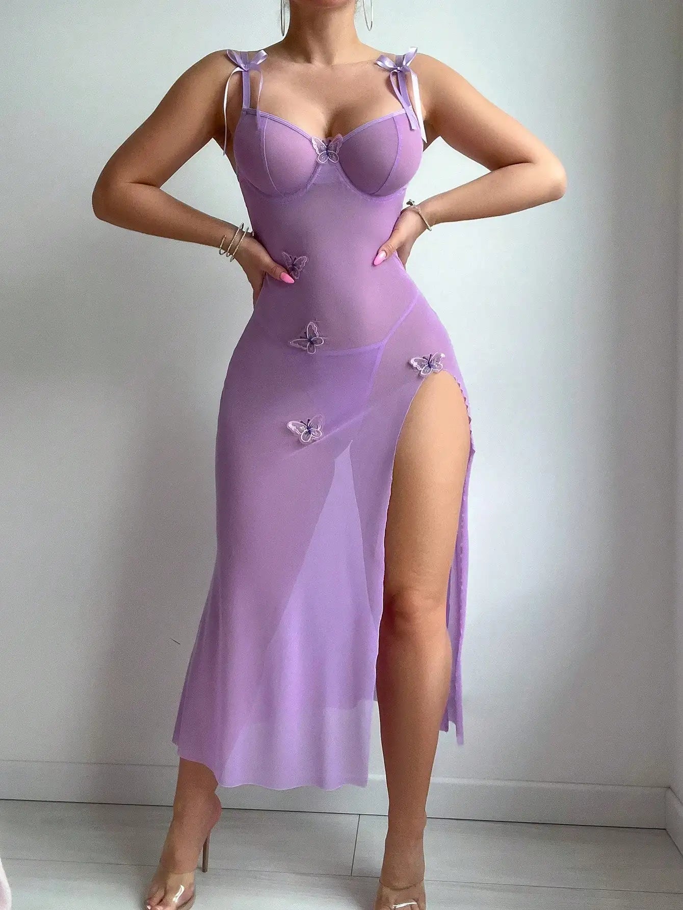 Ellolace Fantasy Long Slit Dress Butterfly Lace Up Strap Babydoll Tulle Elegant Dress Porn Sissy Transparent Hot Erotic Suit