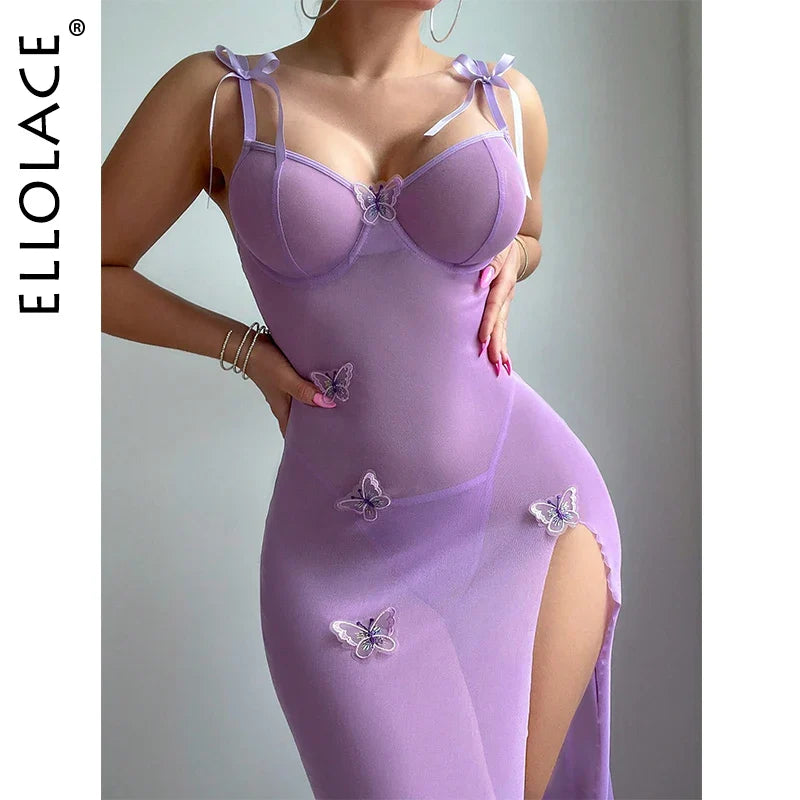 Ellolace Fantasy Long Slit Dress Butterfly Lace Up Strap Babydoll Tulle Elegant Dress Porn Sissy Transparent Hot Erotic Suit