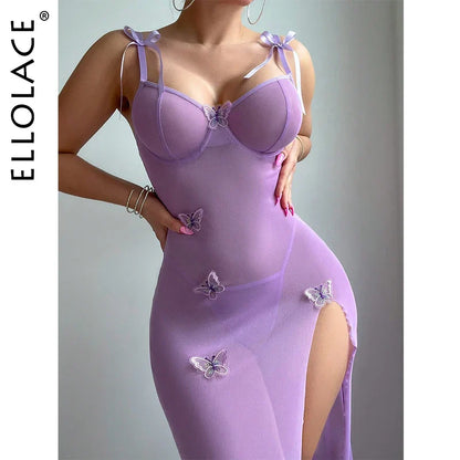 Ellolace Fantasy Long Slit Dress Butterfly Lace Up Strap Babydoll Tulle Elegant Dress Porn Sissy Transparent Hot Erotic Suit