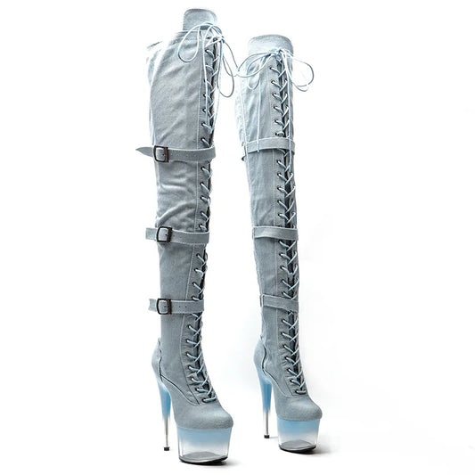 17CM/7inches cowboy  New Design y High Heel   Lap Dancing boot Gradient color  Platform  thigh high boots 5L