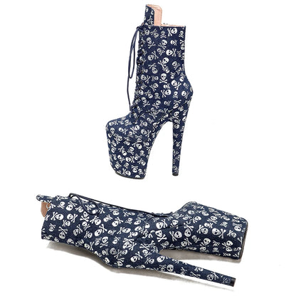 20CM/8inches Skull pattern Super High Heel Pole Dancing Ankle Boots Lacing  Fashion Club Stage Performance High Heel 3B