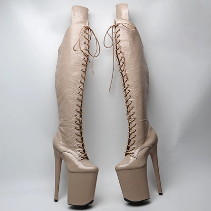 23CM/9inches Snake Upper Women Fashion High Heel Platform Lace Up And Closed Toe Thigh High Boots Pole Dance Boot