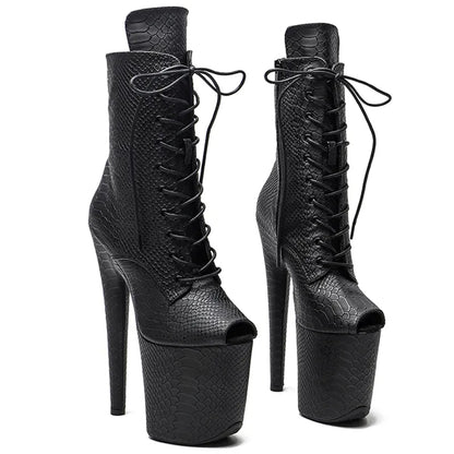 Matte PU Snake  UPPER 20CM/8Inch Small Open toe  Platform disco party High Heels Shoes Pole Dance boot