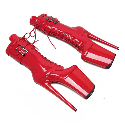 23CM/9inches Patent Upper High Heels Platform Mid Calf Boots  Lace Up y Pole Dancing Boot
