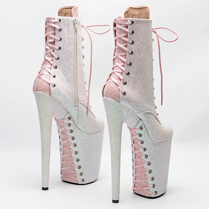 23CM/9inches   White color  mix pink color Glitter  PU  Pole dancing platform Pole Dance boots