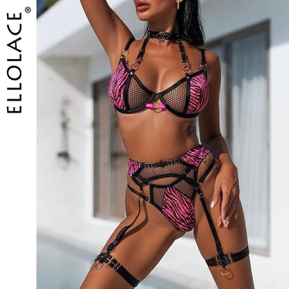 Ellolace Zebra Lingerie Fancy Lace Underwear See Through Halter Bra Delicate Intimate Luxury Sexy Outfits Garters Brief Sets