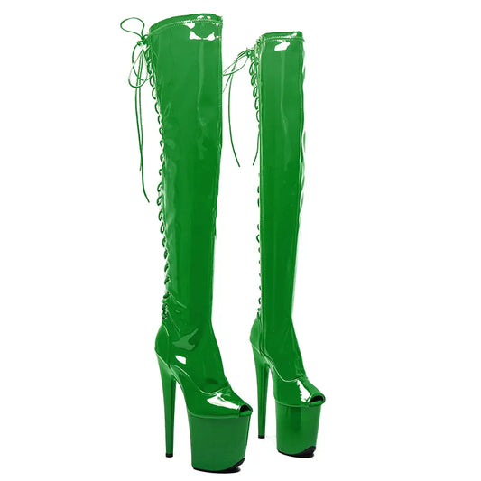 20CM/8inches Shiny Patent PU Upper Trend Fashion Small Open Toe High Heel Platform Boots Pole Dance Boots