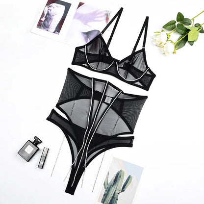 Rhinestone Lingerie With Waistband Sheer Lace Sensual Underwear Glitter Tassels  Women Uncensored y Intimate