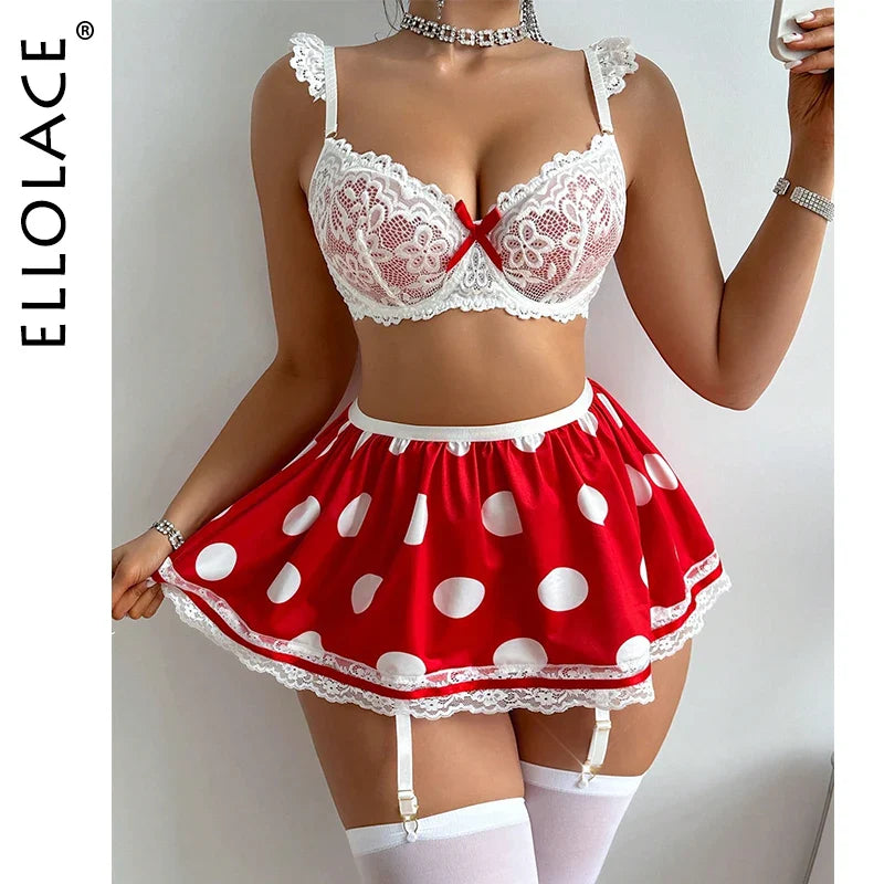 Ellolace Polka Dot Skirt Lingerie 5-Piece Sexy Outfits For Woman Lace See Through Peekaboo Bra Briefs Kit Sissy Seductive Set