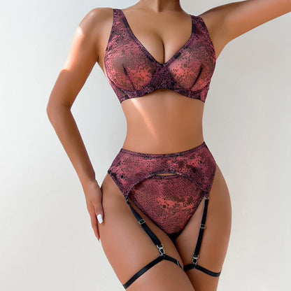 Snake Print Lingeries For Woman Sheer Lace Bilizna Garter Belt Set Hot Girl  Sets Fancy  Intimate