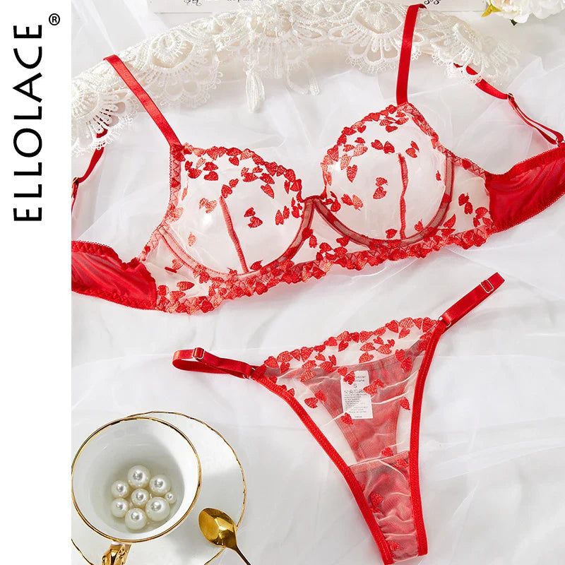 Ellolace Lingerie Women's Underwear Sexy And Hot Heart Embroidery Transparent Bra Attractive Chest Sensual Costumes Uncensored