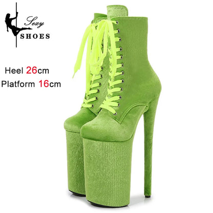 Sexy Ankle Boots 26cm 10Inches Women Exotic Pole Dance Shoes Platform Fashion Flannel Lace Up Nightclub Stripper Heels