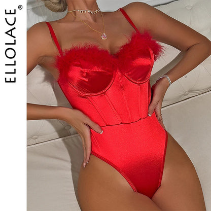 Ellolace Feather Silk Bodysuit Sissy Elegant Women's Clothing Open Crotch Sleeveless Tops Santa Valentine Fantasy Hot Red Body