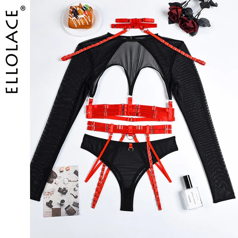 Ellolace Sexy Lingerie Cut Out Top Sheer Lace Transparent Exotic t-Shirts Gothic Sensual Accessories 4-Piece Garter Belt Outfits