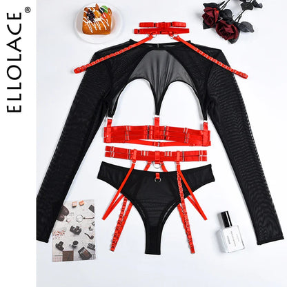 Ellolace Sexy Lingerie Cut Out Top Sheer Lace Transparent Exotic t-Shirts Gothic Sensual Accessories 4-Piece Garter Belt Outfits