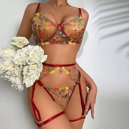Fancy Lingerie Transparent Bra Floral Embroidery Underwear 5-Piece Sheer Lace Luxury Intimate Garter y Outfits