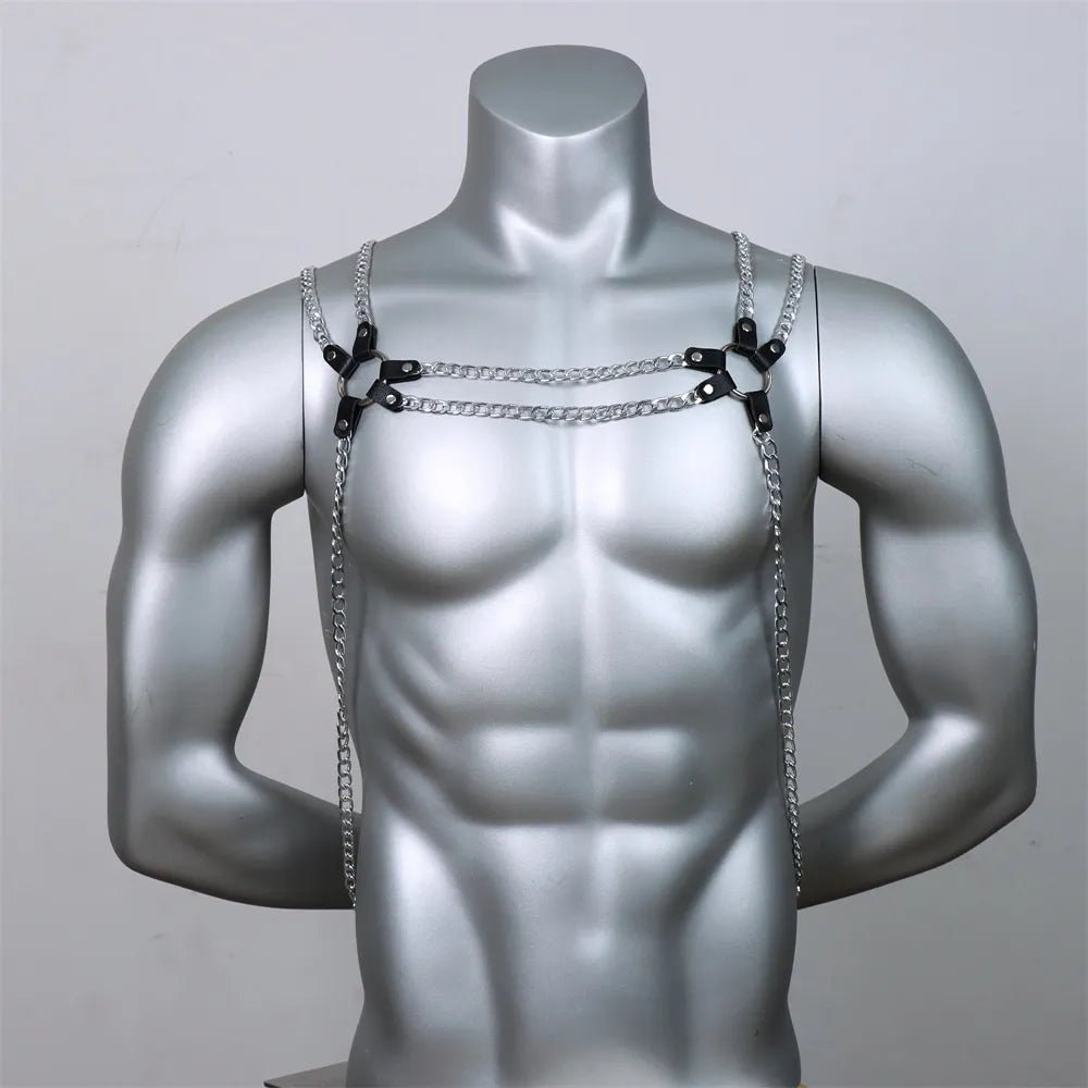Sexy Body Chain Harness Men Cool Fashion Metal Punk Style Nightclub Party Faux Leather Chest Jewellery Accessories