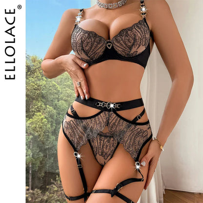 Ellolace Sexy Lingerie Pornographic Fancy Embroidery Lace Bra Luxury Suspenders Crotchless Thongs See-Through Erotic Bilizna Set