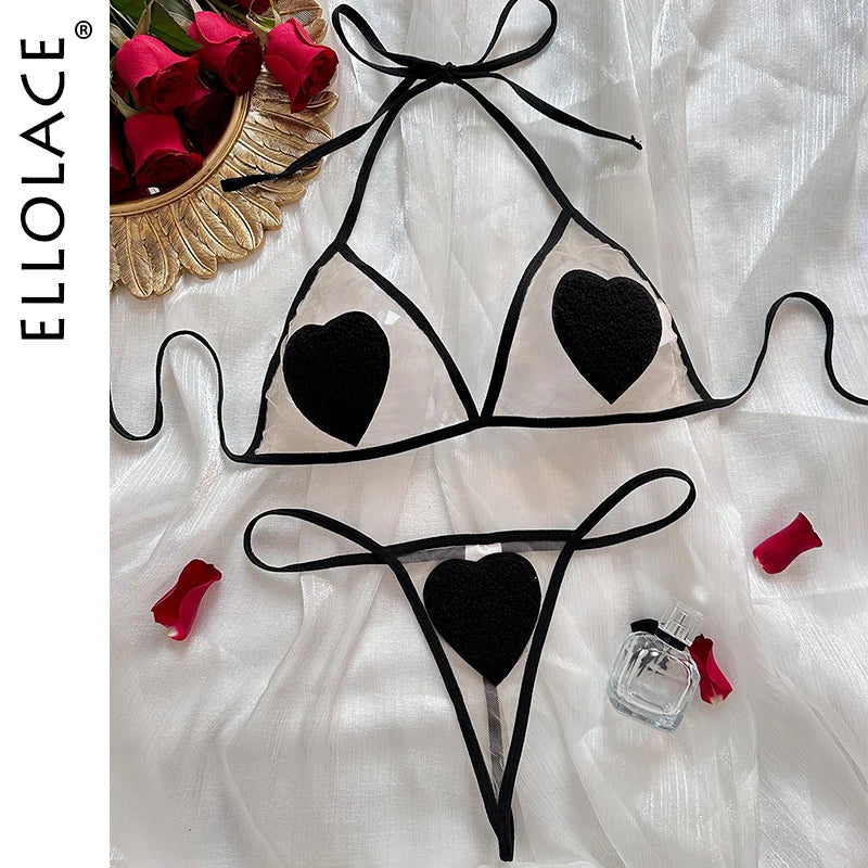 Ellolace Erotic Lingerie Halter Porn Sexy Women Underwear Uncensored Transparent Bra Sex shop Stitch Thongs Ensemble Costume