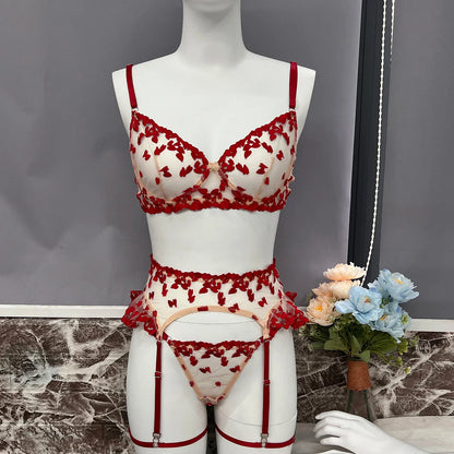 Ellolace Heart Sensual Lingerie Sheer Lace Embroidery Fancy Underwear 4-Piece Ruffle Sissy Intim Goods Delicate Sexy Outfits