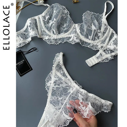 Ellolace Sexy Lingerie Lace Underwear For Women 2 Piece Set Outfit Embroidery Transparent Onlyfans Kit Peekaboo Bra Set Up