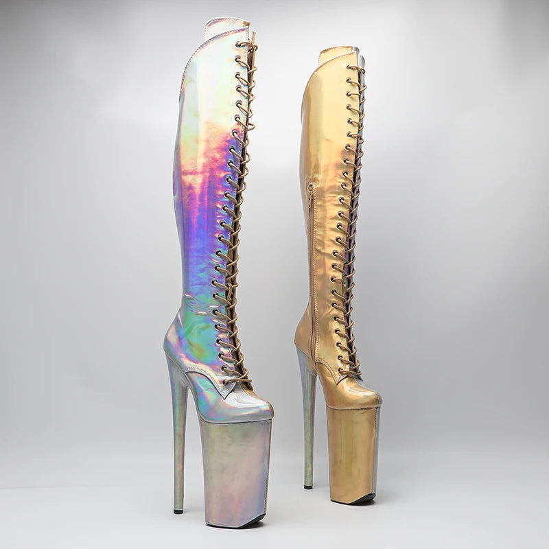 26CM/10inches color matching Extreme High Heels Platform Boots Lace Up y Pole Dancing  knee high boots 5BY