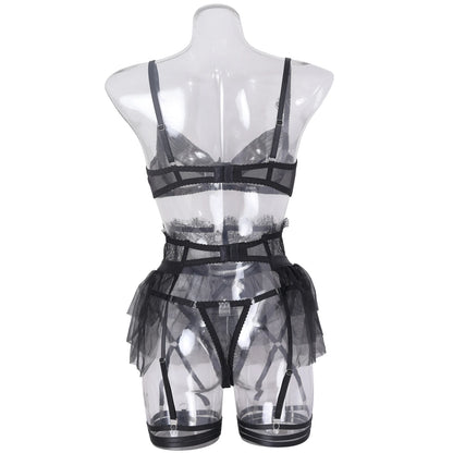 Delicate Ruffled Lingerie Transparent Bra Garter Brief Set 4-Piece Sensual Tulle Underwear Uncensored  Exotic Sets