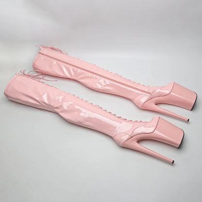 23CM/9inches Patent Upper Women Fashion High Heel Platform Open Toe Thigh High Boots Pole Dance Boot