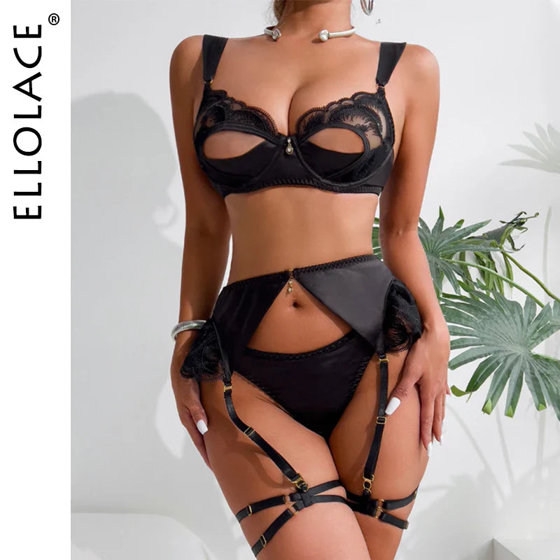 Ellolace Cutting Sexiest Bra Lace Lingerie Attractive Chest Suspenders Porn Fantasy Embroidery Transparent Erotic Outfits