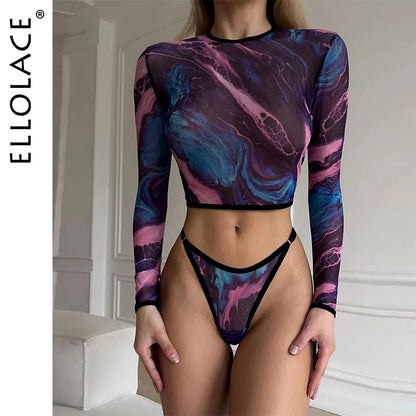 Tie Dye Lingerie With Long Sleeve Tops Lace See Through Sensual  Sets 4-Piece  Seamless  Underwear