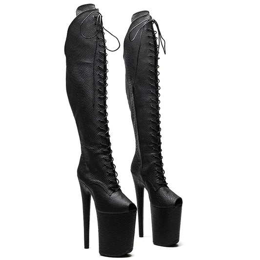 23CM/9inches Snake Upper Women Fashion High Heel Platform Lace Up And OpenToe Thigh High Boots Pole Dance Boot