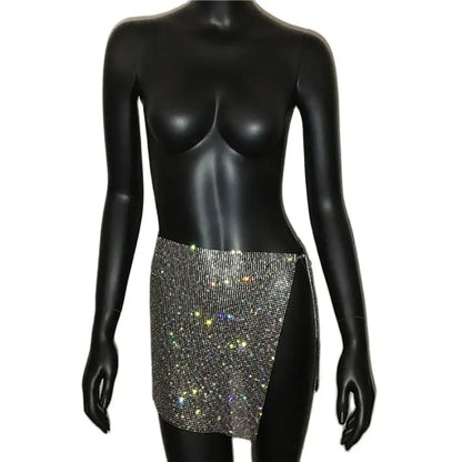 AKYZO Women Sparkly Rhinestone Sexy Two Piece Set 2023 New Low Cut Sleeveless Halter Backless Party Top Split Empire Mini Skirt