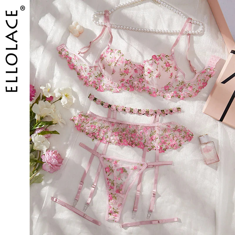 Ellolace Fairy Lingerie Lace Fancy Embroidery Female Underwear Attractive Chest Suspenders Luxury Beautiful Tulle Exotic Sets