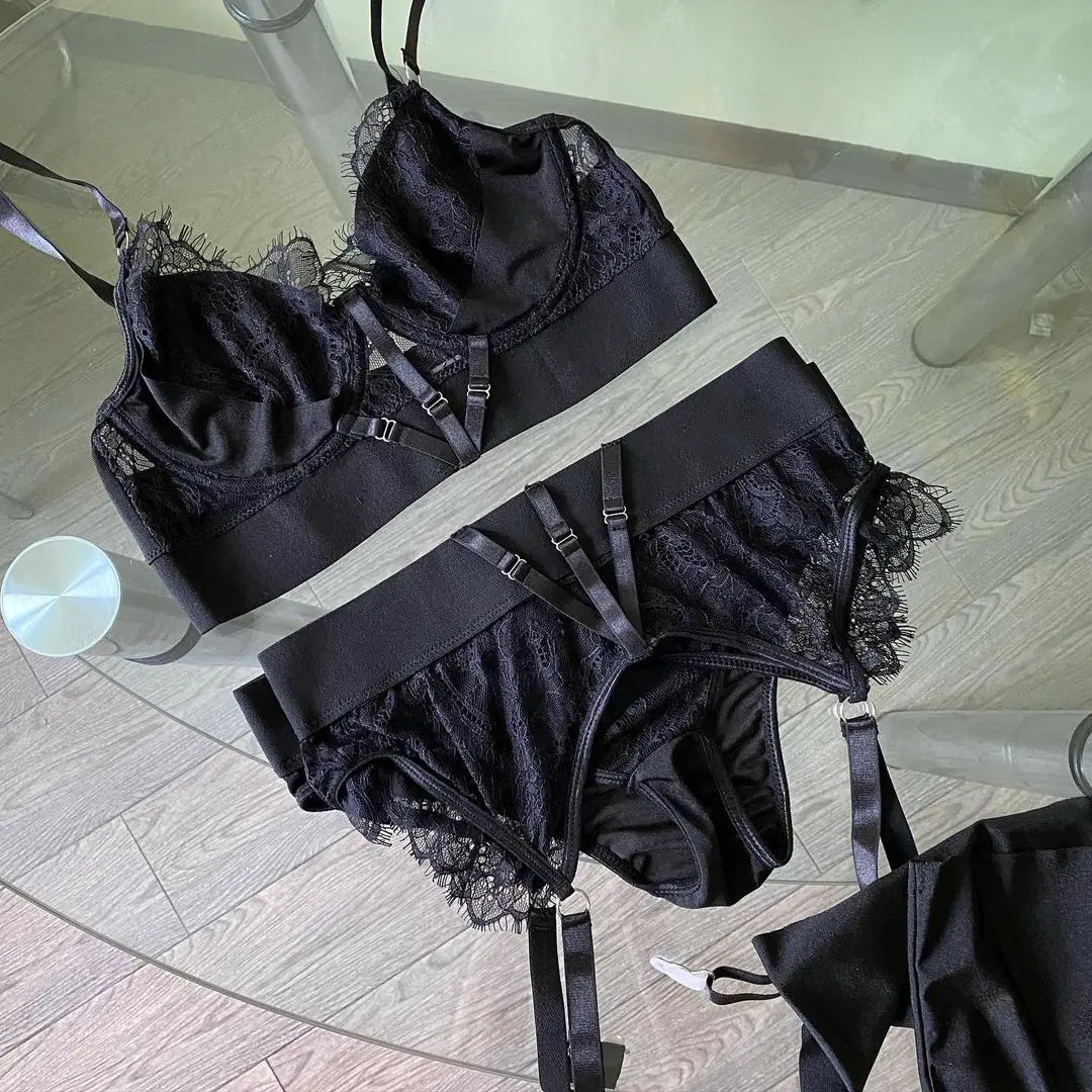 Ellolace Lingerie Sexy Bra Women's Underwear Set Lace Bandage Lingerie Set Sexy Push up Lenceria 3 Piece Set Erotic Lingerie