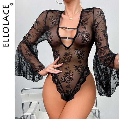Ellolace Kinky Bodysuit Fantasy Trumpet Sleeve Fetish Sexy Hot Lingerie Body Naked Erotic Costume Sissy See-Through Tights